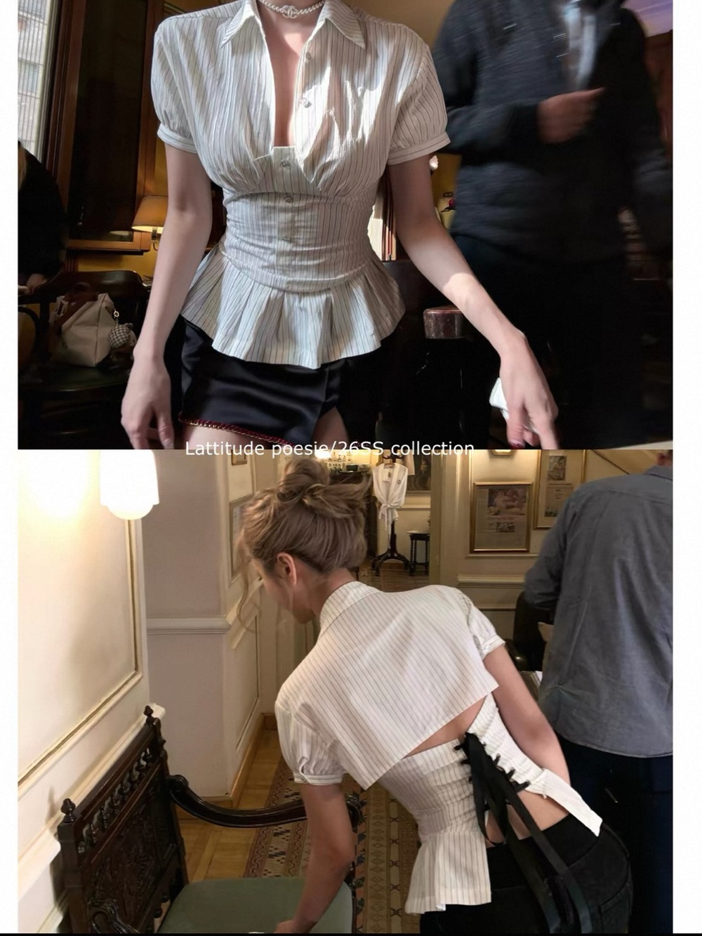 White Pinstripe Lace-back Cropped Button Down Blouse